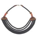 Wend Panga in Black,'Artisan Black Bead Necklace with Sese Wood Agate and Leather'