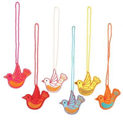 'Embroidered Wool Bird-Motif Holiday Ornaments (Se...