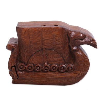 Swan Ship,'Hand Carved Suar Wood Puzzle Box'