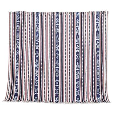 'Blue and Red Hand-Woven Cotton Throw Blanket with...