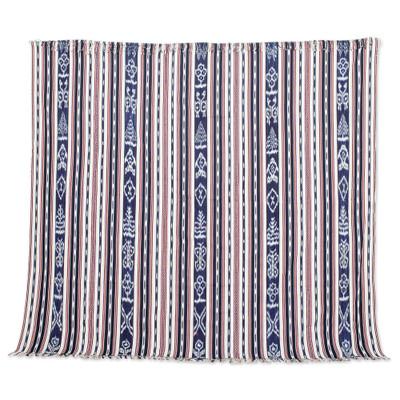 'Blue and Red Hand-Woven Cotton Throw Blanket with...