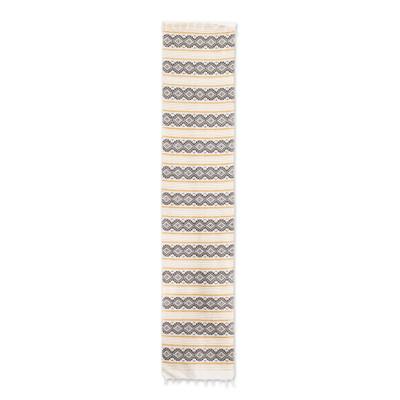 'Hand-Woven Ivory Brown & Yellow Fringed Cotton Table Runner'
