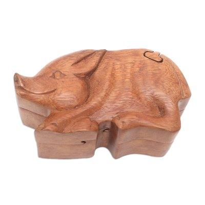 Piggy's Secret,'Hand Crafted Suar Wood Puzzle Box with Pig Motif'