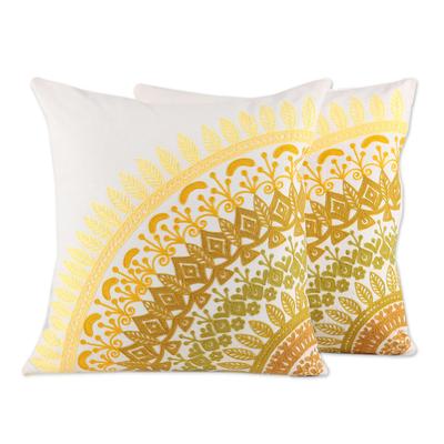 Divine Orchard in Yellow,'Embroidered Cotton Cushion Covers in Yellow (Pair)'