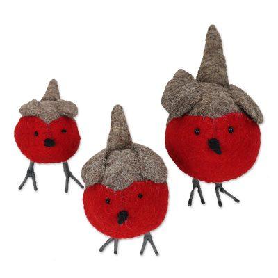 Rockin' Robins,'Set of 3 Wool Felt Finches with Glass Bead Eyes'