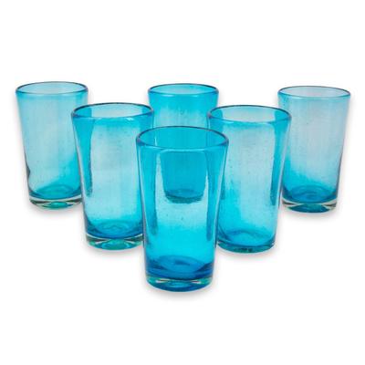Blown glass highball glasses, 'Aquamarine Bubbles' (set of 6)