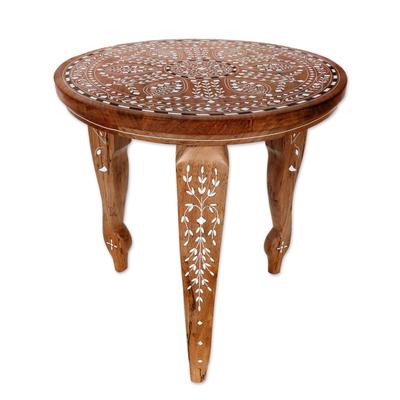 Luxurious Celebration,'Jamun Wood Inlay Accent Table with Floral Motif'