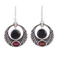 Onyx and Garnet Circular Dangle Earrings from India 'Dancing Loops'