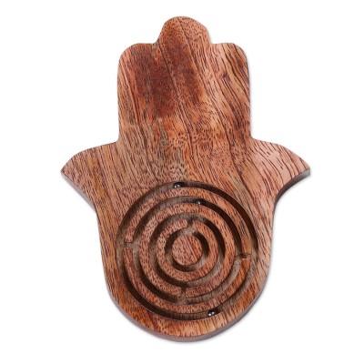 'Hamsa-Shaped Polished Acacia Wood Labyrinth Game from India'