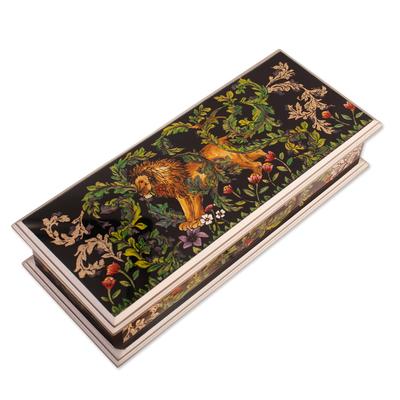 'Leafy Reverse-Painted Glass Decorative Box with Lion Theme'