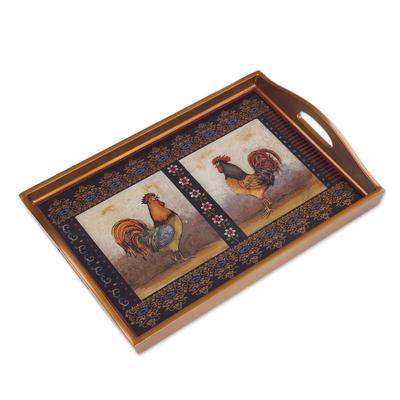 Crowing Roosters,'Rooster-Themed Reverse Painted Glass Tray'