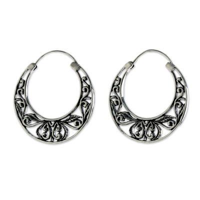 Leafy Spring,'Sterling Silver Leaf Motif Hoop Earrings from Thailand'