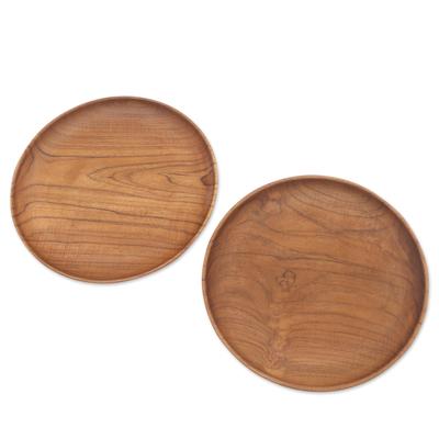 Fit for a Feast,'Handmade Teak Wood Dinner Plates from Bali (Pair, 11 Inch)'