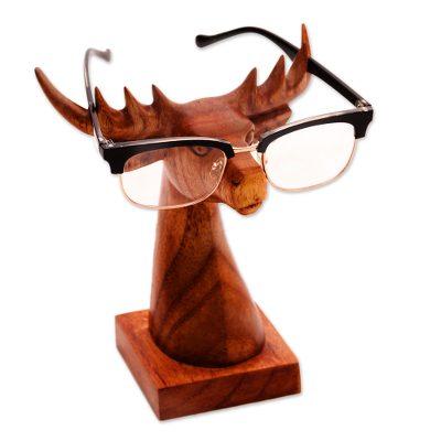 'Deer-Shaped wood Eyeglasses Stand with a Natural Finish'