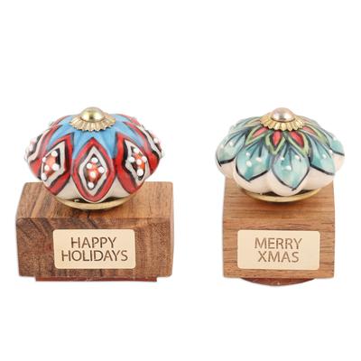 Colorful Greetings,'Set of 2 Mango Wood Stamps Painted by Hand in India'