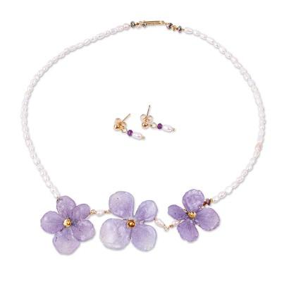 Hydrangea Treasure,'Natural Hydrangea and Cultured Pearl Jewelry Set'