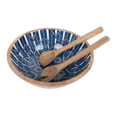 Blue Paradise,'Wood and Resin Salad Serving Set (3 Pieces)'