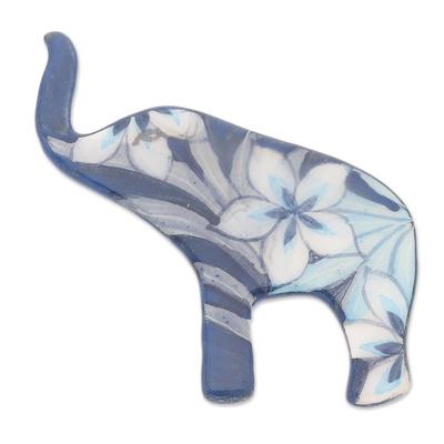 Blue Floral Elephant,'Hand Painted Blue Elephant Brooch Pin with Flowers'