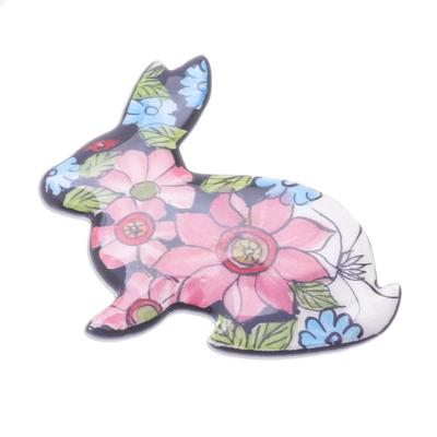 'Hand-Painted Floral Ceramic Rabbit Brooch from Thailand'