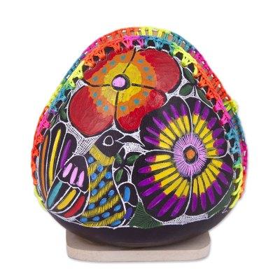 Birdsong Bloom,'Colorful Bird and Flowers Hand Painted Gourd Napkin Holder'