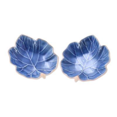 'Leaf-Shaped Blue Ceramic Serving Bowls from Thail...