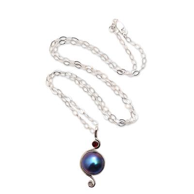 Swirl Love,'Cultured Pearl and Garnet Pendant Necklace from Bali'