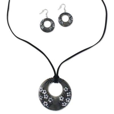 Blooming Midnight,'Ceramic Black Floral Pendant Necklace Dangle Earrings Set'