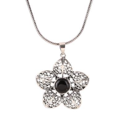 Delightful Midnight,'Floral Onyx Pendant Necklace from India'