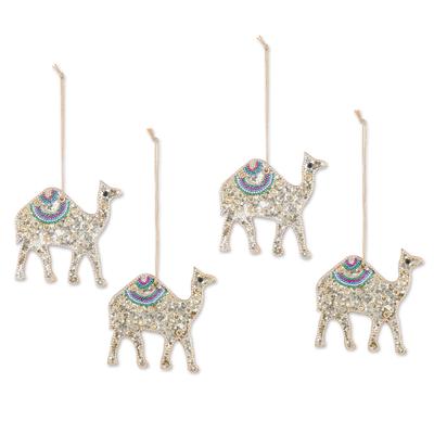 Sparkling Desert,'Set of 4 Handmade Beaded Wood Camel Ornaments with Cords'