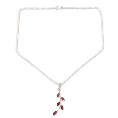 Leaf Sprig,'Garnet and Sterling Silver Pendant Necklace'