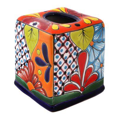 'Hand-Painted Talavera Ceramic Tissue Box Cover from Mexico'