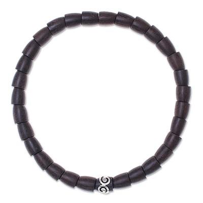 Dark Spiral Bangle,'Dark Wood and Sterling Silver Beaded Stretch Necklace'