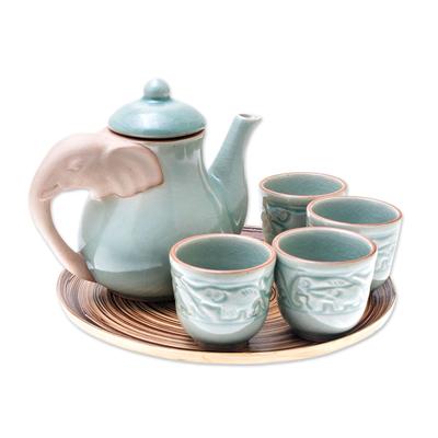 Elephant Gathering,'Elephant-Themed Celadon Ceramic Tea Set (6 Piece)'