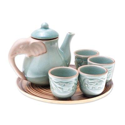 Elephant Gathering,'Elephant-Themed Celadon Cerami...