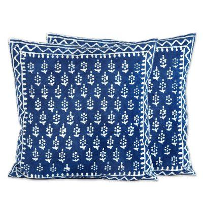 Rajasthani Indigo,'Hand Screen Print Cotton Cushion Covers (Pair)'