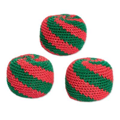 Emerald Fun,'Set of 3 Handcrafted Cotton Hacky Sacks in Emerald and Red'