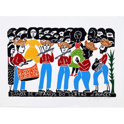 Rural Fife Band III,'Multicolor Woodcut Print Fife Band Portrait by J. Borges'