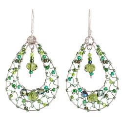 Green Drop Sparkle,'Double Drop Dangle Earrings with Green Crystals and Filigree'