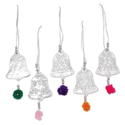 Celebration Bells,'Set of 5 Embossed Aluminum Bell Ornaments from Bali'