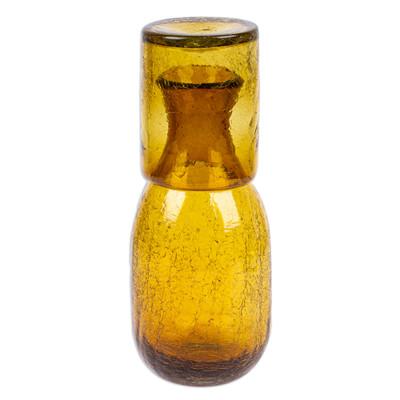 Textured Amber,'Amber Handblown Recycled Glass Carafe and Cup Set (Pair)'