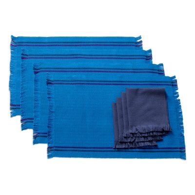 Blue Wellness,'Handwoven Cotton Blue Placemats with Napkins (Set of 4)'