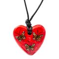 Monarchs on Red,'Hand Painted Heart Shaped Monarch Pendant Necklace'