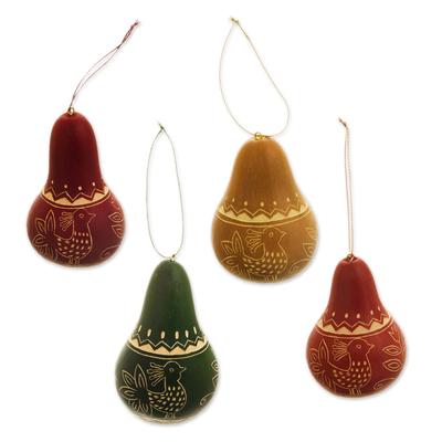 Andean Peacocks,'Set of 4 Dried Gourd Peacock Ornaments from Peru'