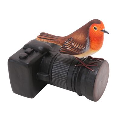 Robin's Photo Shoot,'Suar Wood Bird Statuette with Camera Motif'