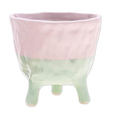 Pink Roots,'Hand-Painted Ceramic Flower Pot in Pink and Green Tones'