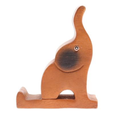 'Hand-Carved Happy Elephant Raintree Wood Phone Holder'
