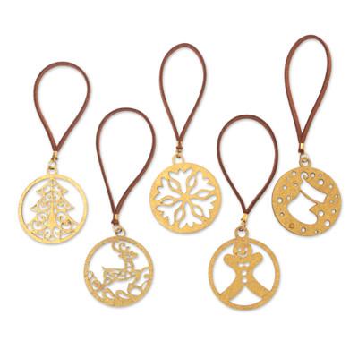 Snowy Magic,'Handcrafted Gold-Toned Holiday Ornaments (Set of 5)'