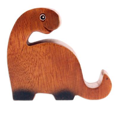 'Hand-Carved Brown and Black Dino Raintree Wood Phone Holder'