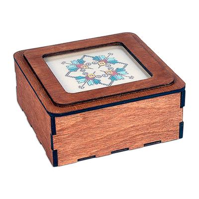 Charming Lotus,'Handmade Wood Jewelry Box Topped by Cotton Embroidered Motif'