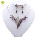 Ensembles de bijoux nigérians en or perlé pour femmes pendentif paon en cristal violet collier et
